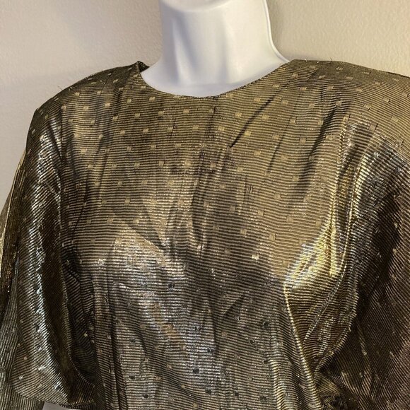 Vintage 1970s Disco Top Blouse Metallic Gold Medium Polka Dot NOS Deadstock - Picture 3 of 11